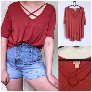 4/$25 Red Orange T-Shirt with Criss Cross Neckline